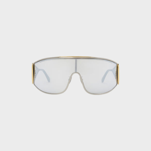 Tasoni Loewe metal shield sunglasses with silver mirrored lenses and gold accents.
