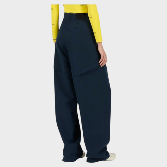 Tasoni Loewe navy blue wool and cotton wide-leg trousers viewed from the back