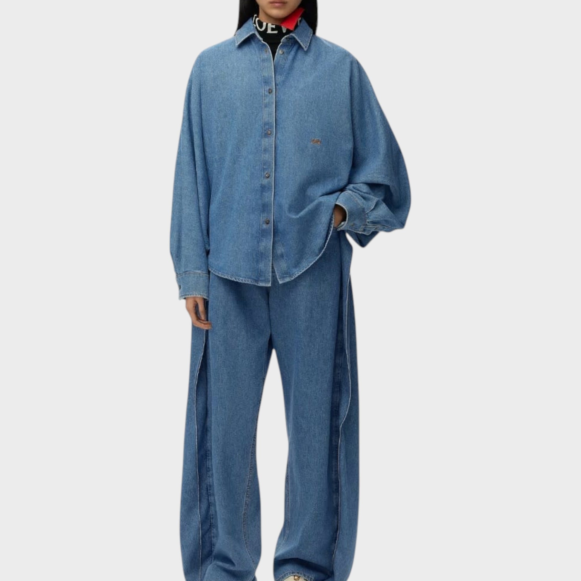 Tasoni Loewe oversized denim shirt with wide sleeves and a small embroidered logo on the chest.