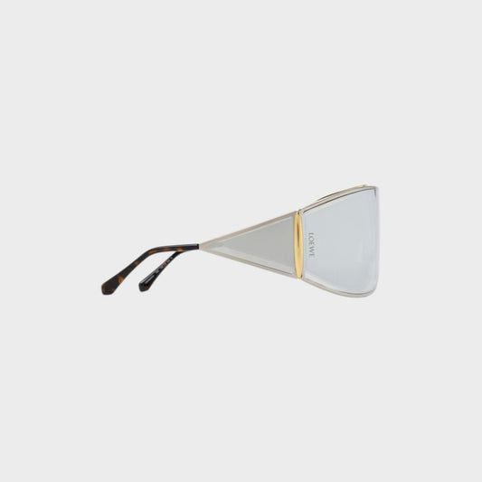Tasoni Loewe shield sunglasses with silver metal frame and light blue lenses, featuring tortoiseshell arms.