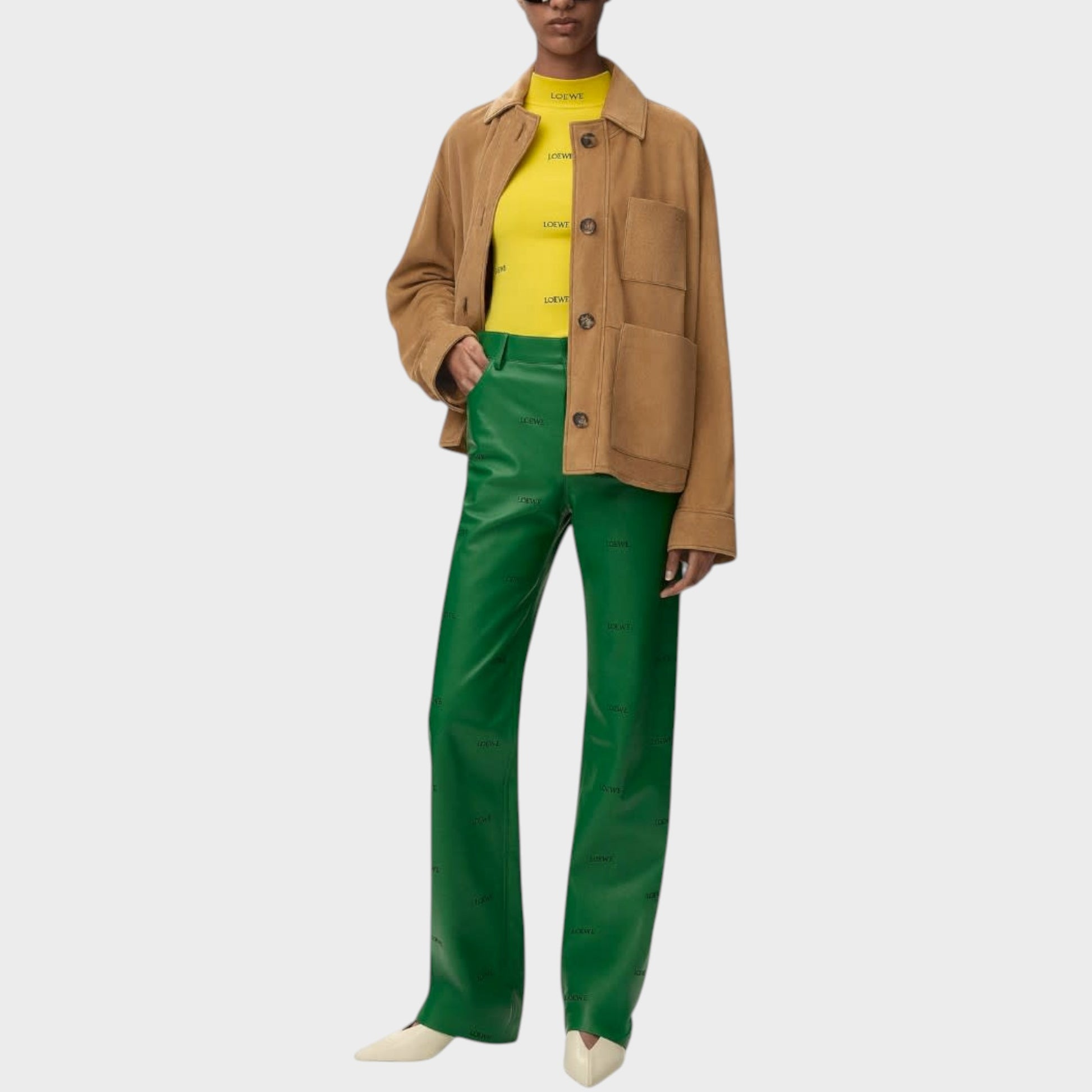 Tasoni Loewe Suede Leather Workwear Jacket in tan, featuring button closure and chest pockets.