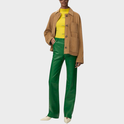 Tasoni Loewe Suede Leather Workwear Jacket in tan, featuring button closure and chest pockets.