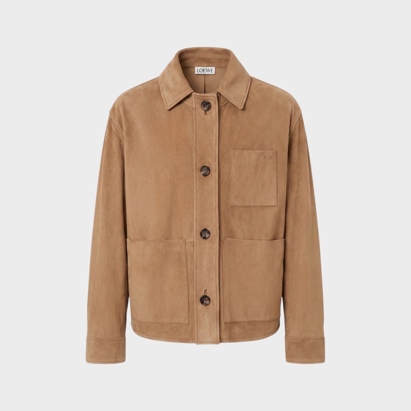 Tasoni Loewe tan suede leather workwear jacket with button closure and chest pocket.