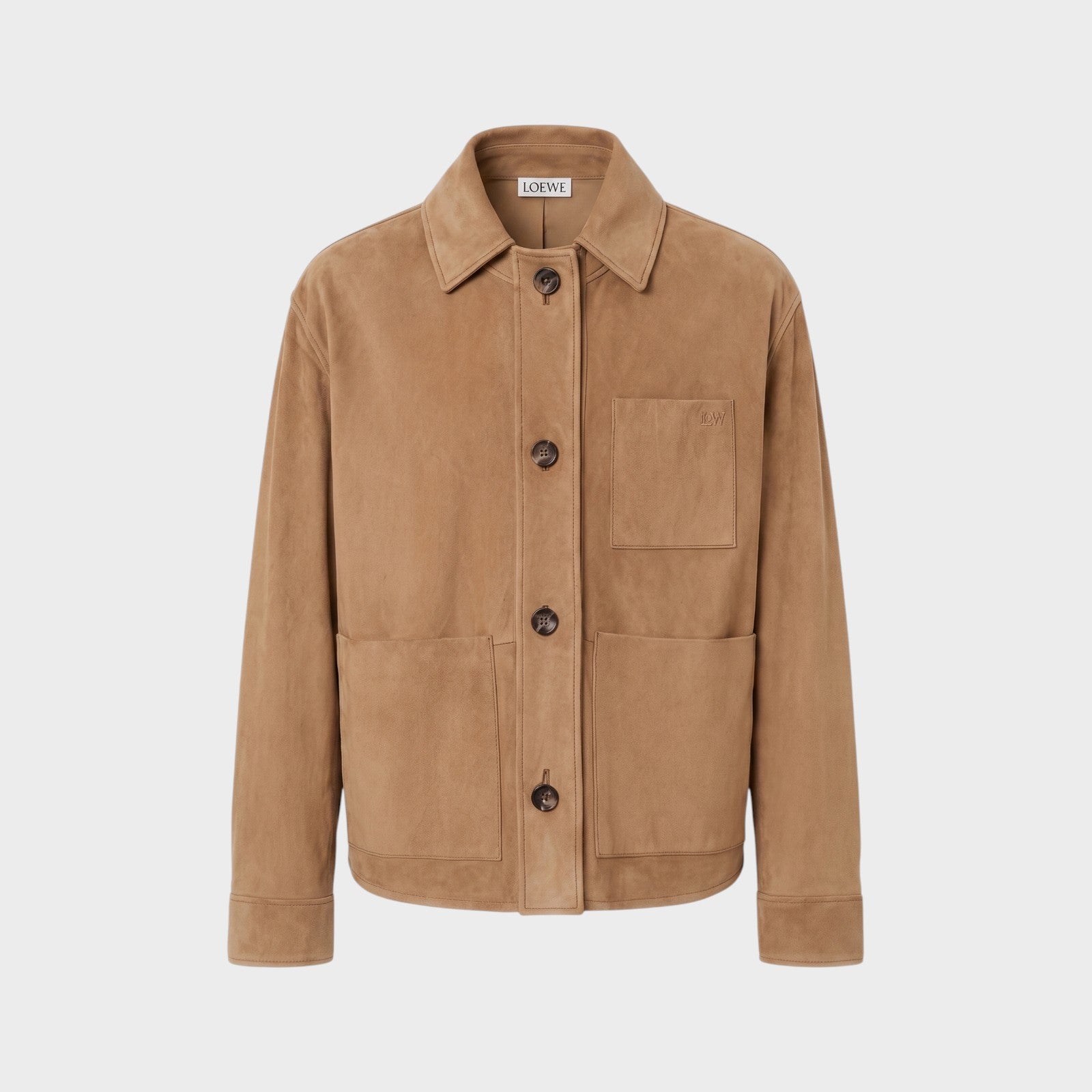 Tasoni Loewe tan suede leather workwear jacket with button closure and chest pocket.