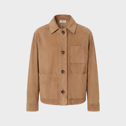 Tasoni Loewe tan suede leather workwear jacket with button closure and chest pocket.