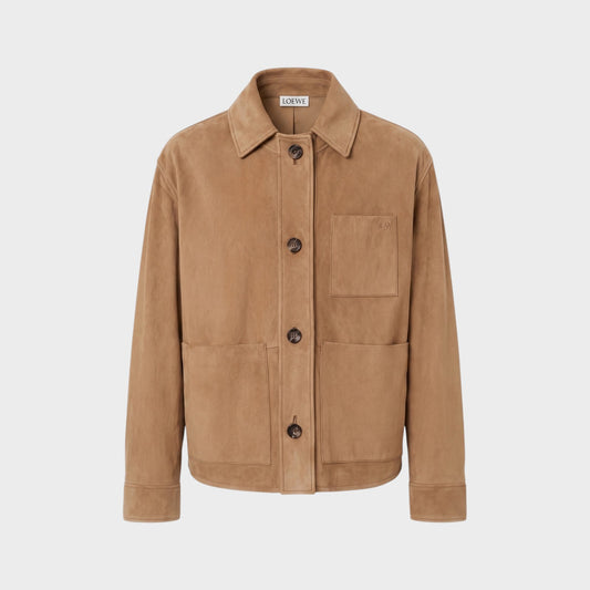 Tasoni Loewe tan suede leather workwear jacket with button closure and chest pocket.