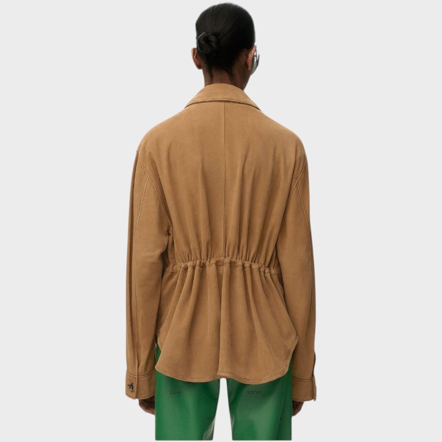 Tasoni Loewe brown suede leather workwear jacket with cinched waist detail