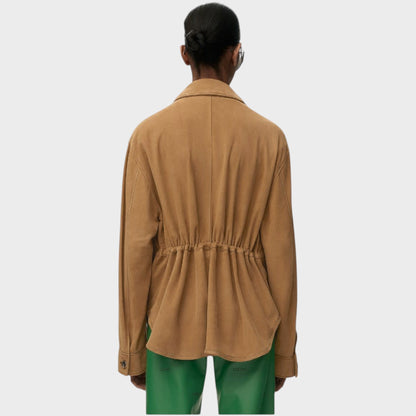 Tasoni Loewe brown suede leather workwear jacket with cinched waist detail