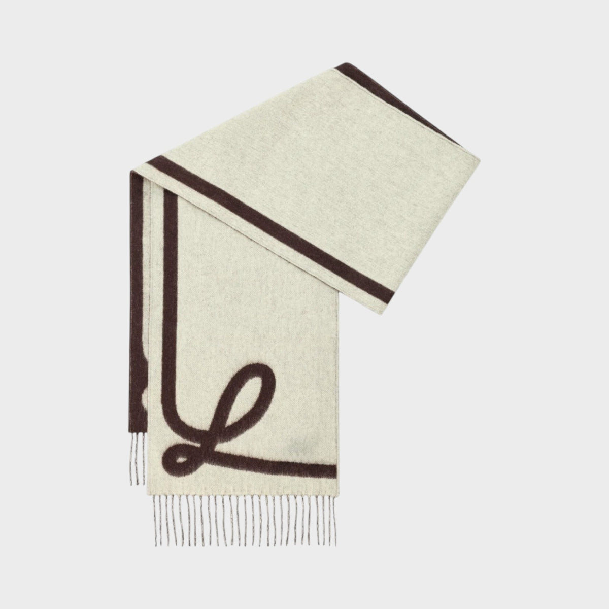 Tasoni Loewe wool and cashmere scarf in cream and brown with a signature jacquard logo pattern and fringed edges.