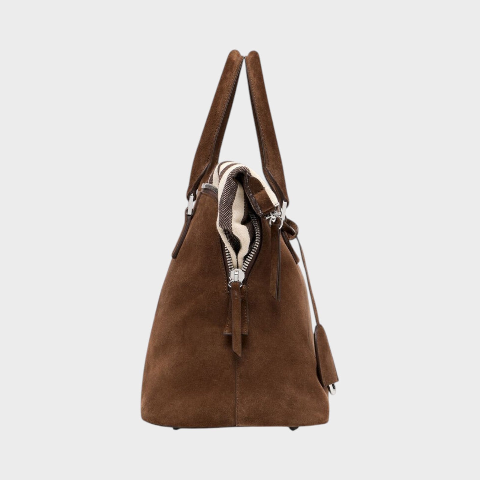 Tasoni Maison Margiela brown suede leather medium 5AC bag with ivory and dark brown striped lining and zip closure.