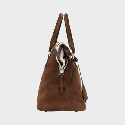 Tasoni Maison Margiela brown suede leather medium 5AC bag with ivory and dark brown striped lining and zip closure.
