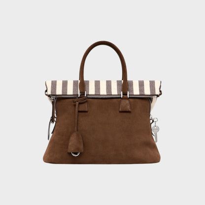 Tasoni Maison Margiela brown suede leather medium bag with ivory and dark brown striped canvas top.