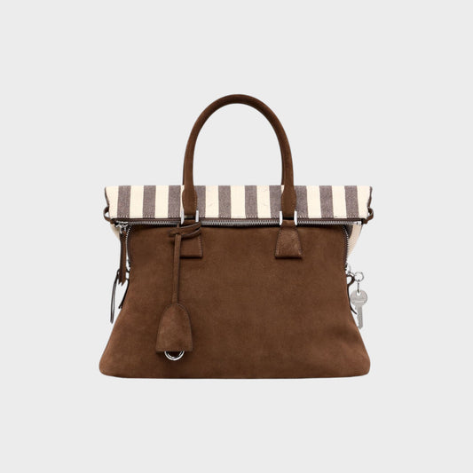 Tasoni Maison Margiela brown suede leather medium bag with ivory and dark brown striped canvas top.
