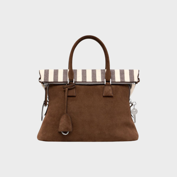 Tasoni Maison Margiela brown suede leather medium bag with ivory and dark brown striped canvas top.