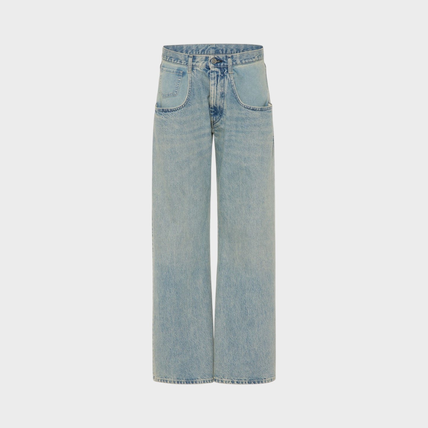 Tasoni Maison Margiela ice blue denim straight leg jeans with 5 pockets and a relaxed fit.