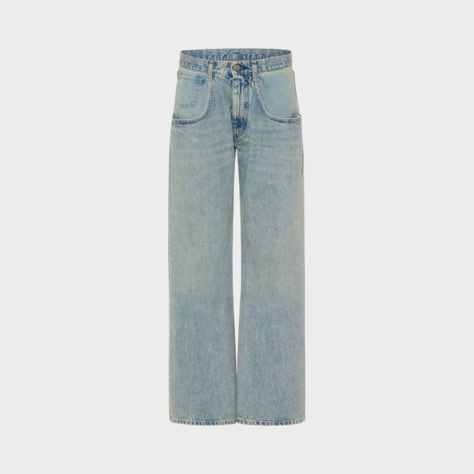 Tasoni Maison Margiela ice blue denim straight leg jeans with 5 pockets and a relaxed fit.