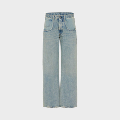 Tasoni Maison Margiela ice blue denim straight leg jeans with 5 pockets and a relaxed fit.