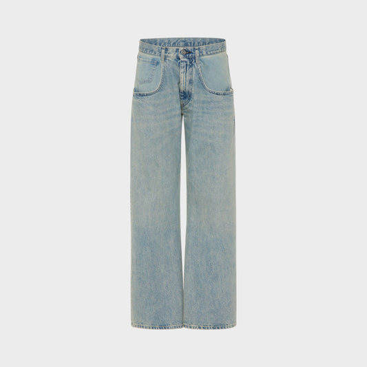 Tasoni Maison Margiela ice blue denim straight leg jeans with 5 pockets and a relaxed fit.