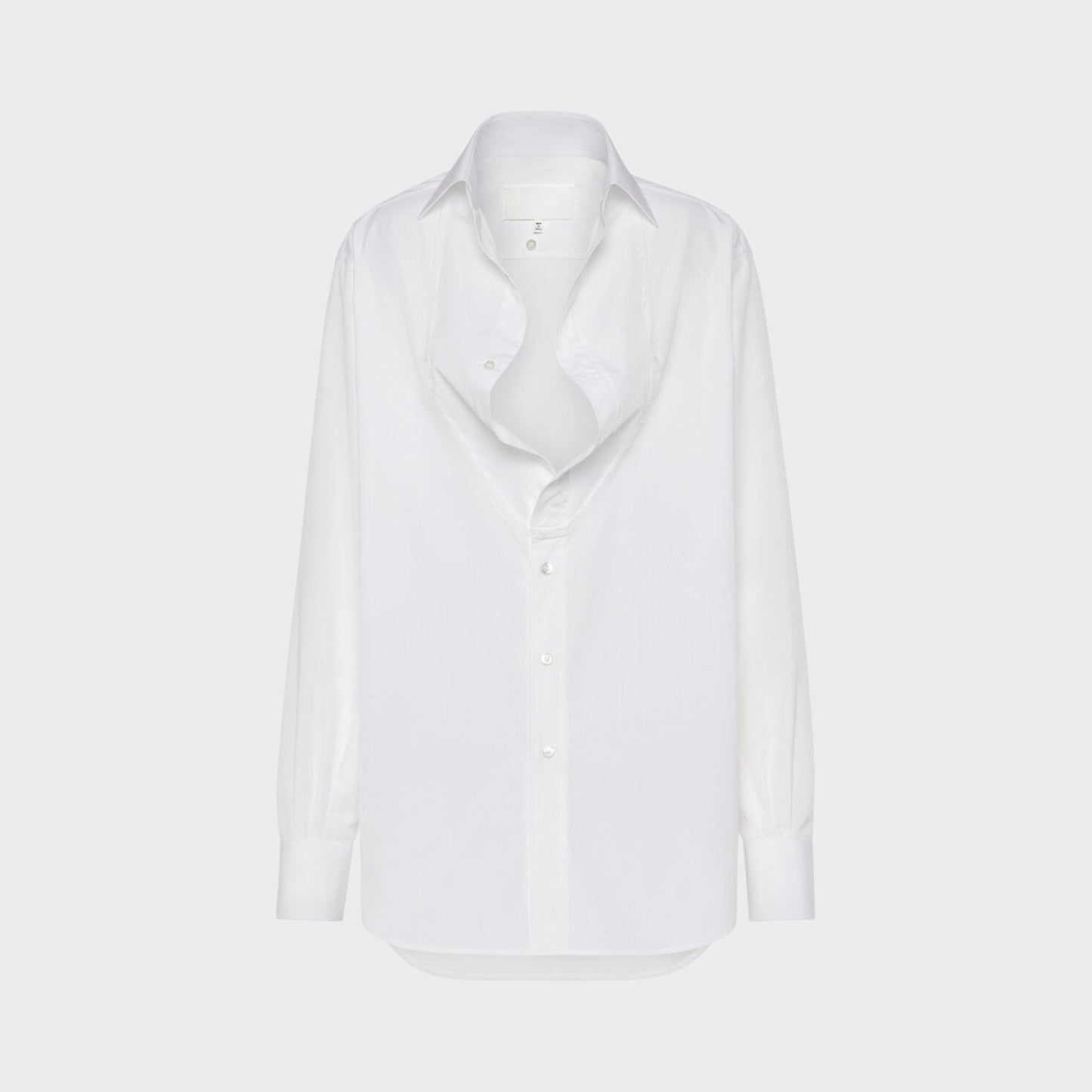 Tasoni Maison Margiela white cotton long sleeve shirt with folded collar and button front.