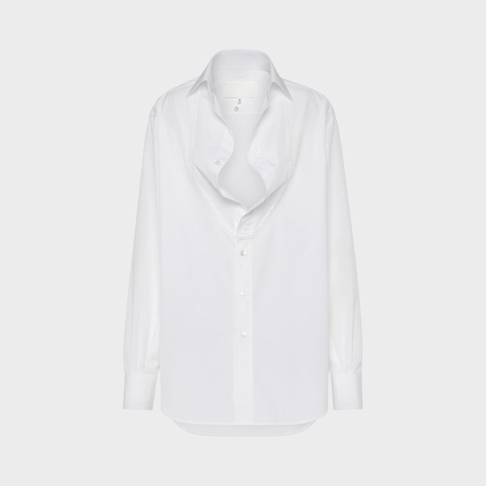 Tasoni Maison Margiela white cotton long sleeve shirt with folded collar and button front.