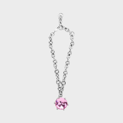 Tasoni Marie Adam-Leenaerdt necklace in brass with a large pink oval pendant and chunky silver chain.