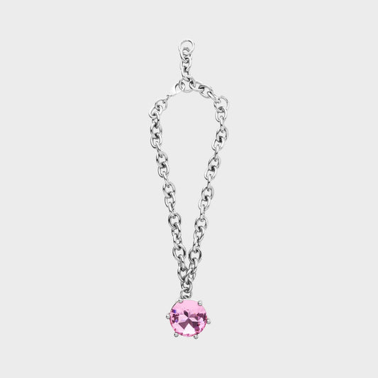 Tasoni Marie Adam-Leenaerdt necklace in brass with a large pink oval pendant and chunky silver chain.