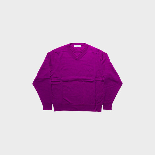 Tasoni Marie Adam-Leenaerdt violet merino wool dual neck knitwear with V-neck and ribbed cuffs.