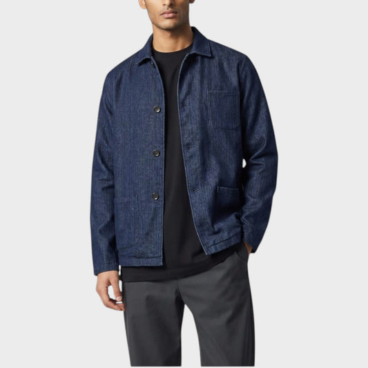 Model wearing a blue Massimo Alba Florida cotton collared jacket with patch pockets from Tasoni
