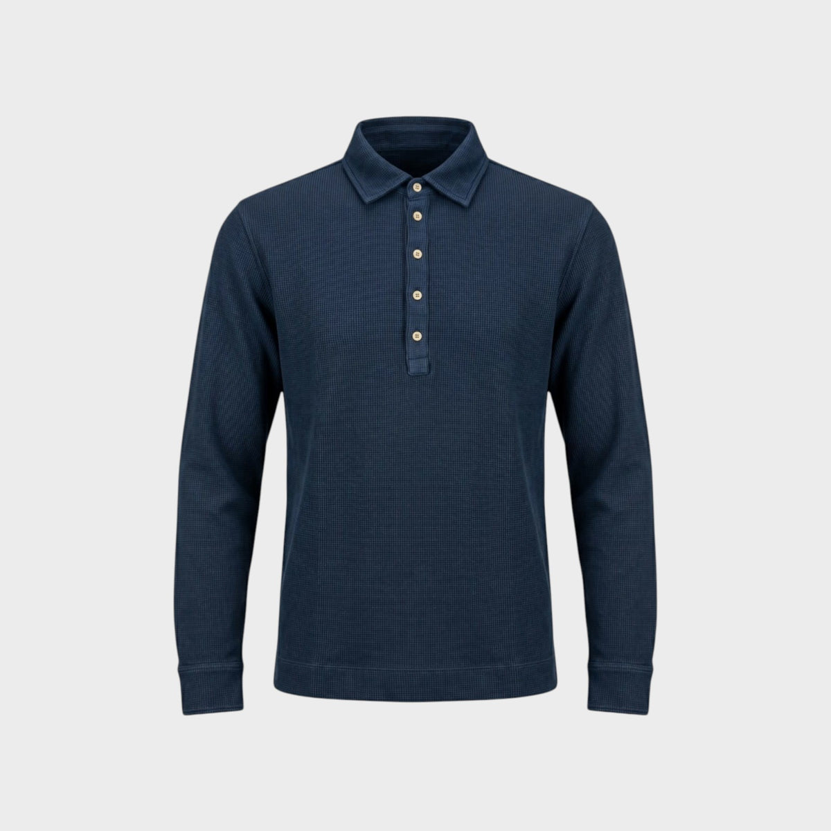 Tasoni Massimo Alba Raya navy blue long-sleeve polo shirt in a textured cotton and cashmere waffle knit fabric.