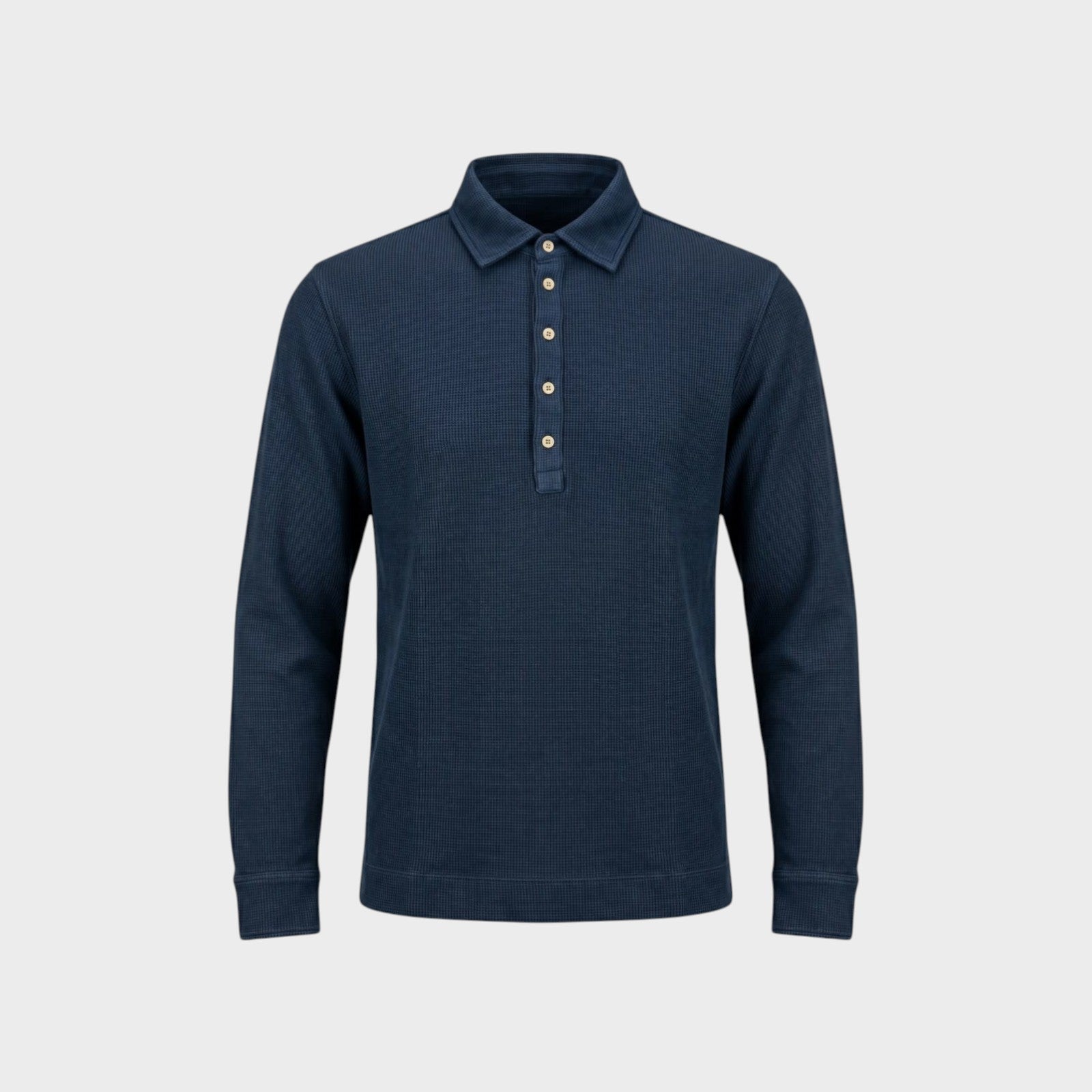 Tasoni Massimo Alba Raya navy blue long-sleeve polo shirt in a textured cotton and cashmere waffle knit fabric.