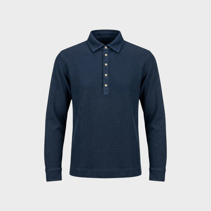 Tasoni Massimo Alba Raya navy blue long-sleeve polo shirt in a textured cotton and cashmere waffle knit fabric.