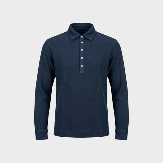Tasoni Massimo Alba Raya navy blue long-sleeve polo shirt in a textured cotton and cashmere waffle knit fabric.