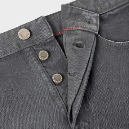 Tasoni Massimo Alba Oceano classic denim pants in smoky grey with button fly closure and textured cotton fabric.