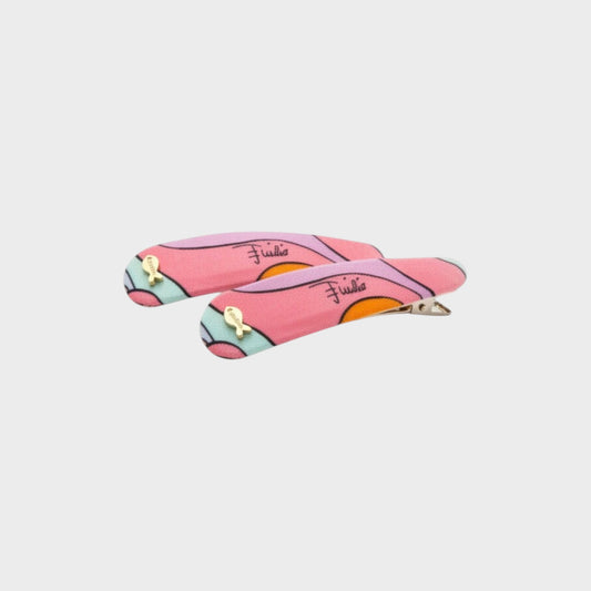 Tasoni multicolor hair clip set with pink, purple, orange, and teal abstract print and gold fish charm.