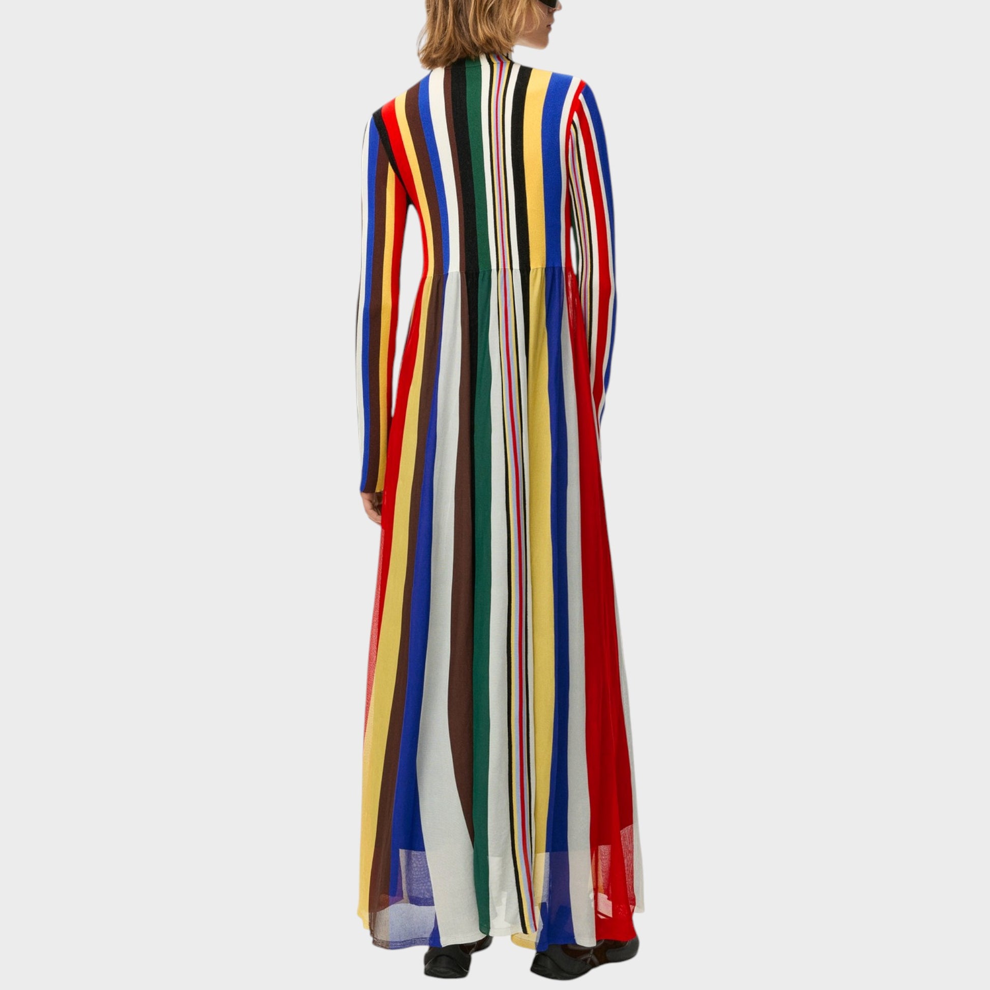 Tasoni multicolor striped long sleeve high neck knit maxi dress.
