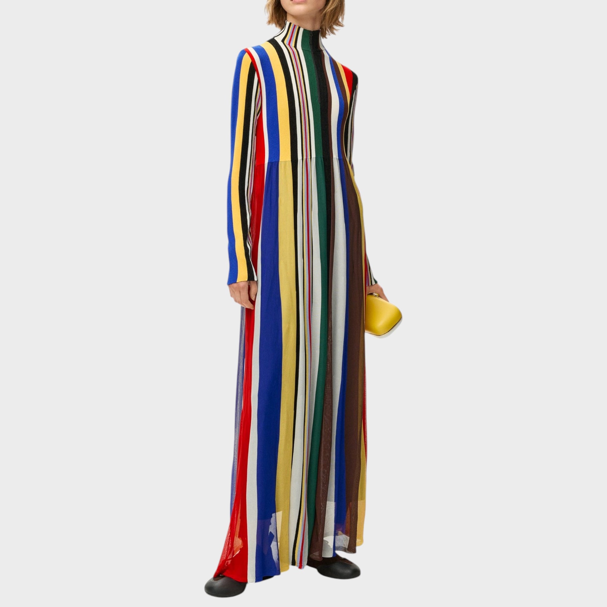 Tasoni multicolor striped high neck long sleeve knit maxi dress with a flowing hem.