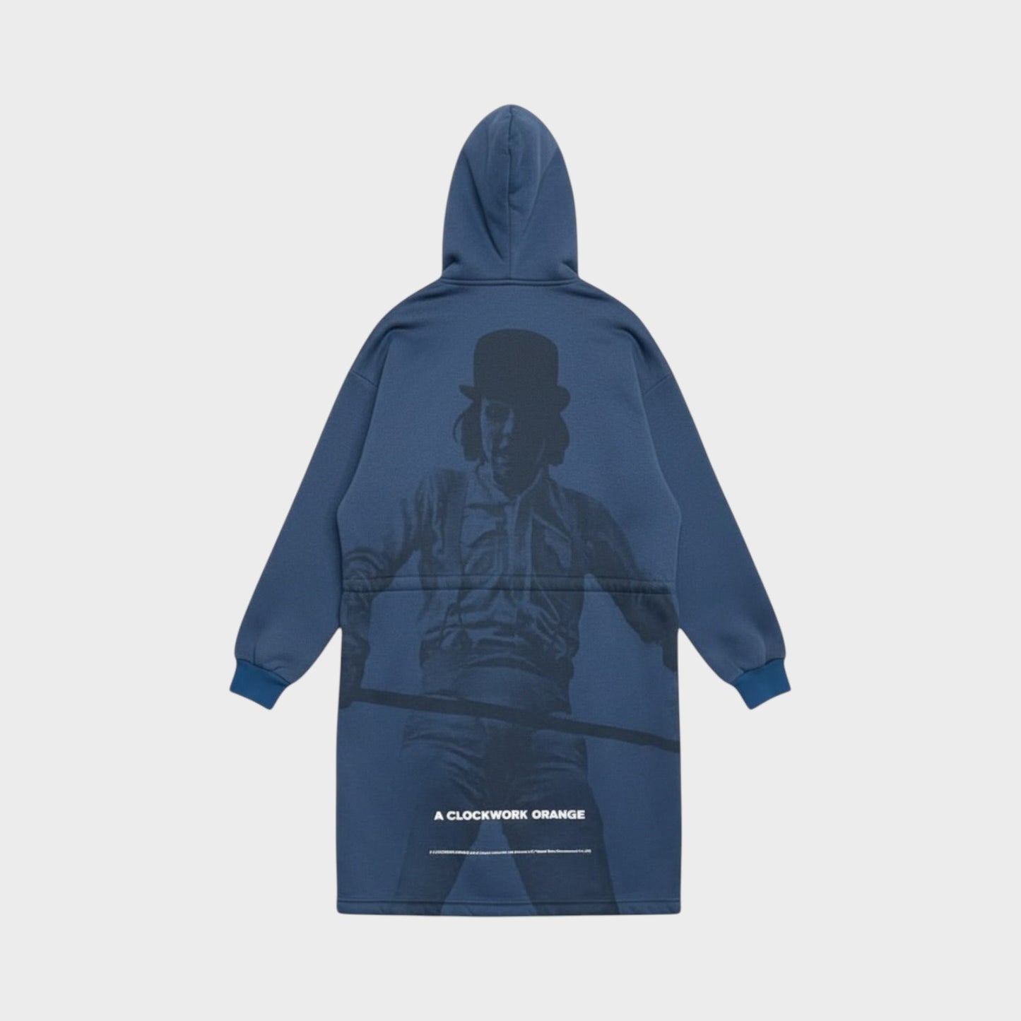Tasoni navy blue hooded zip-up coat with a large graphic print of a character from A Clockwork Orange on the back.