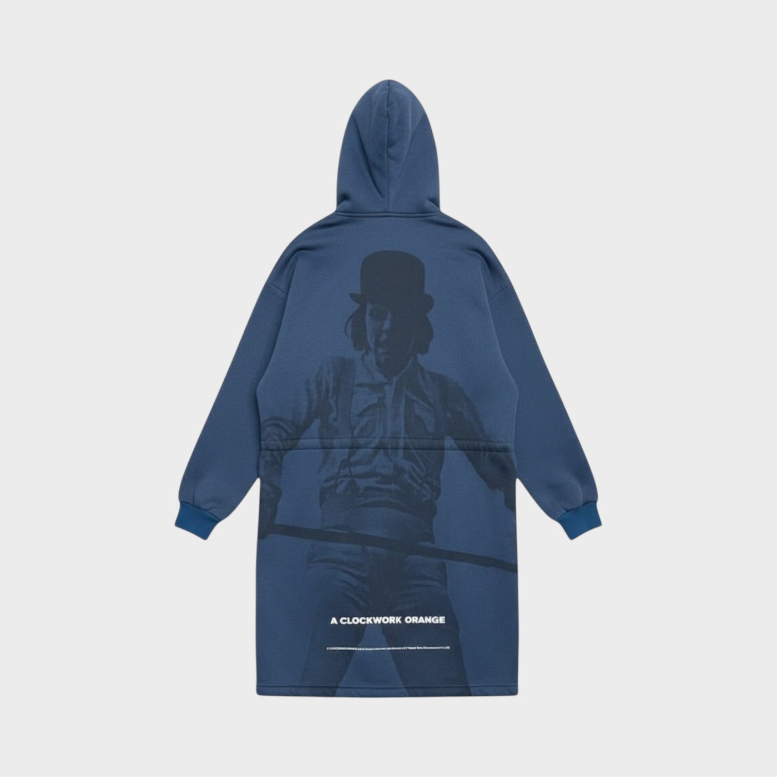 Tasoni navy blue hooded zip-up coat with a large graphic print of a character from A Clockwork Orange on the back.