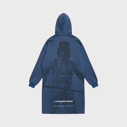 Tasoni navy blue hooded zip-up coat with a large graphic print of a character from A Clockwork Orange on the back.