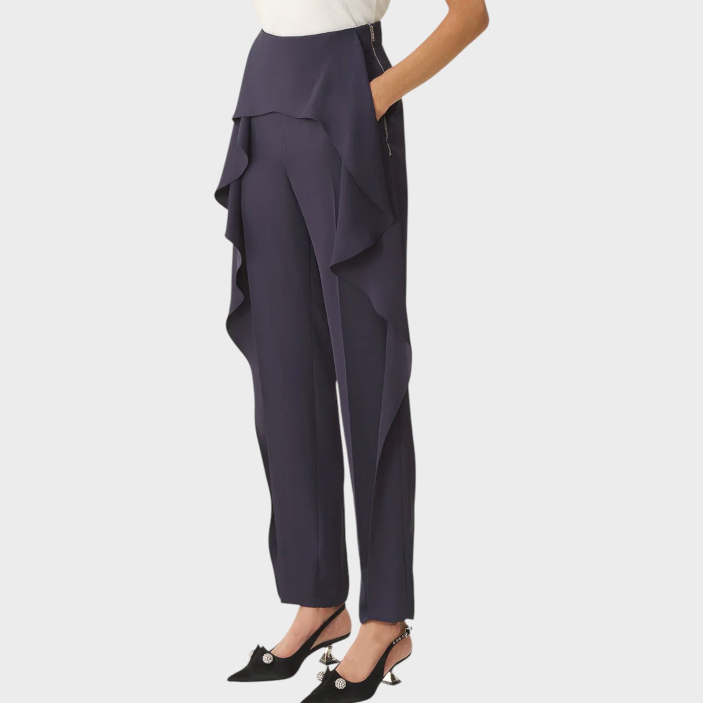 Tasoni Navy high-waisted frilled twill trousers with a zip closure and a layered ruffle detail.