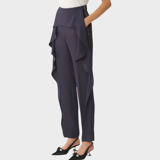 Tasoni Navy high-waisted frilled twill trousers with a zip closure and a layered ruffle detail.