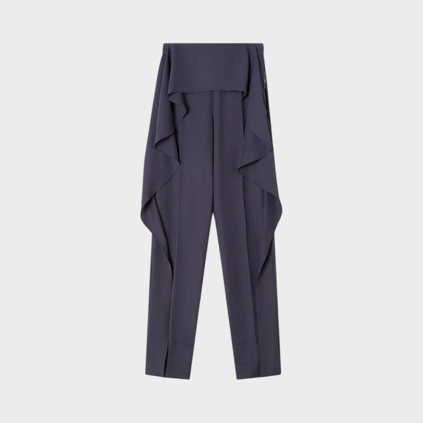 Tasoni Navy high-waisted frilled twill trousers with a draped overlay and split cuffs.