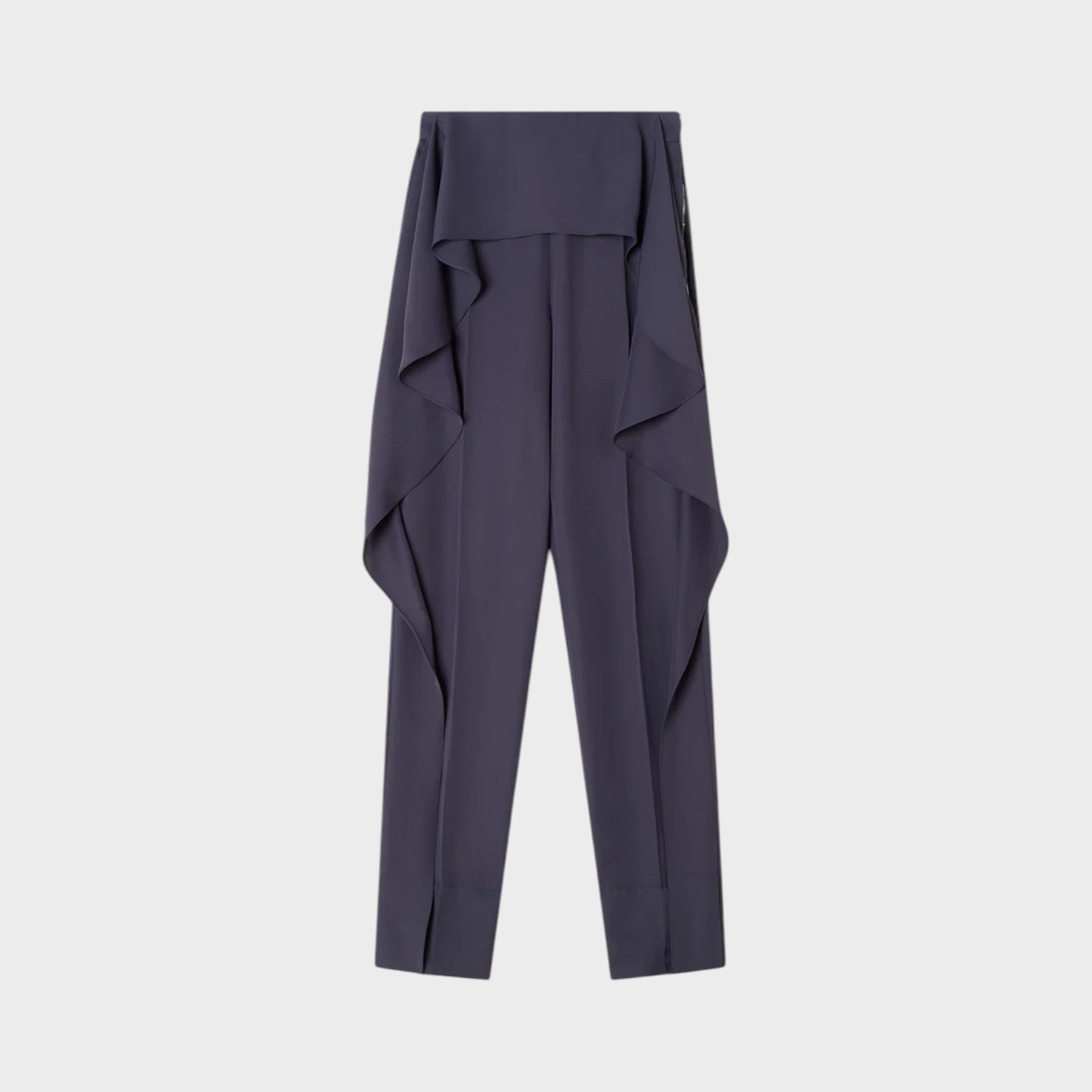 Tasoni Navy high-waisted frilled twill trousers with a draped overlay and split cuffs.