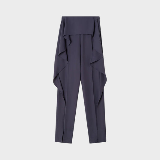 Tasoni Navy high-waisted frilled twill trousers with a draped overlay and split cuffs.