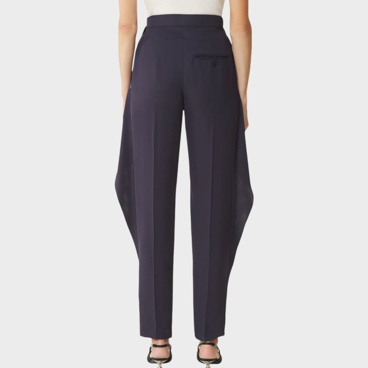 Tasoni Navy high-waisted frilled twill pants with wide leg and unique draped detail.