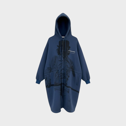 Tasoni navy blue hooded zip-up coat with a large black graphic print of a figure in a hat and text detail.