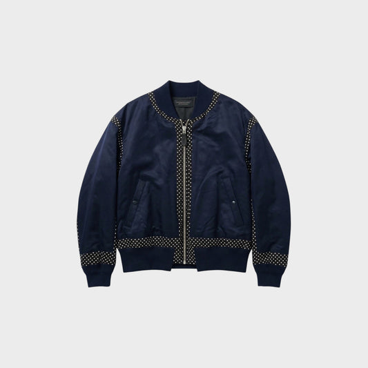 Tasoni navy satin bomber jacket with zip-up front and polka dot trim on collar, cuffs, and hem.