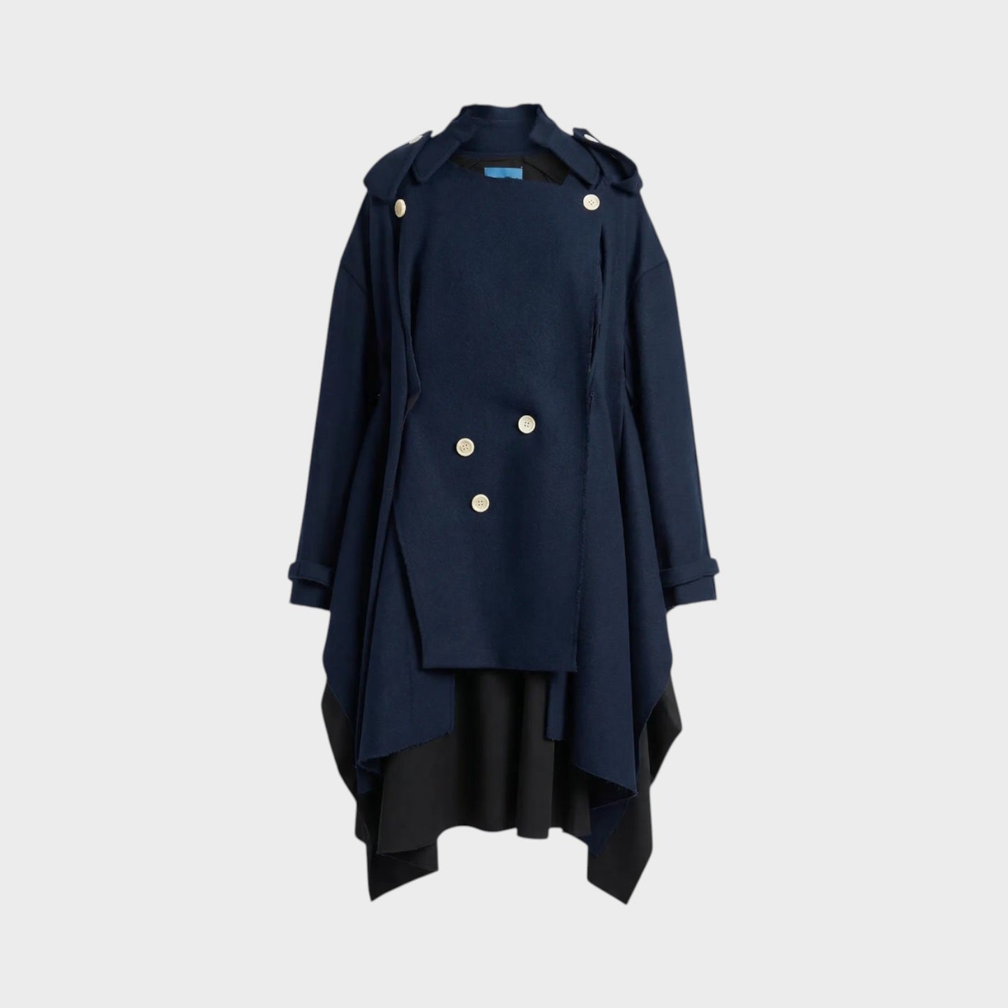 Tasoni navy blue wool coat with ruffled collar, cut-out details, and cream buttons. Asymmetrical hemline.