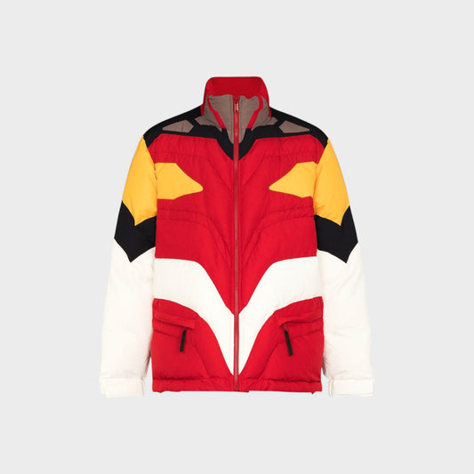 Tasoni red, yellow, white & black nylon puffer jacket with high neck and zip-up front, featuring "Neon Genesis Evangelion" patches.