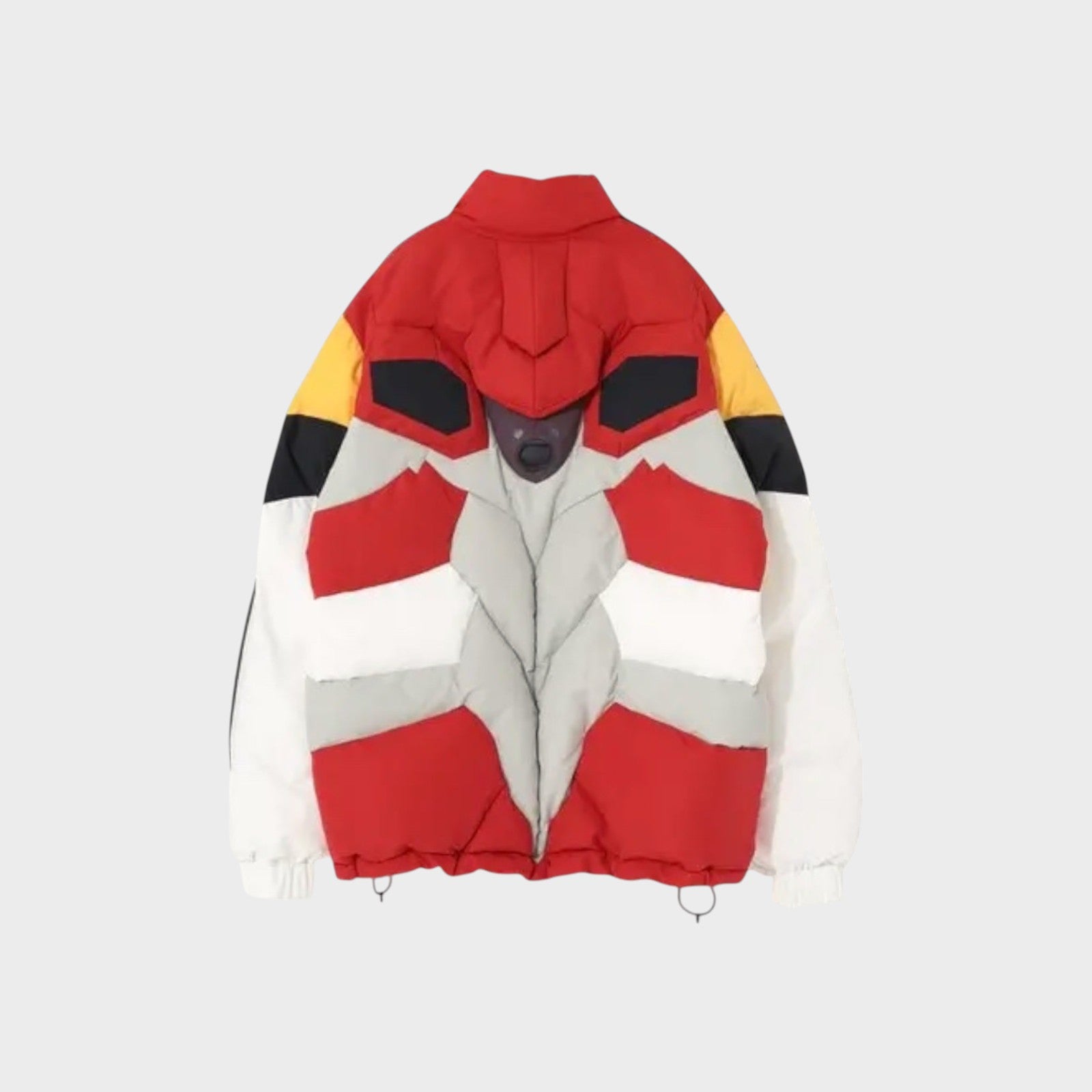Tasoni red, yellow, white & black nylon puffer jacket with high neck and zip-up front, inspired by Neon Genesis Evangelion.